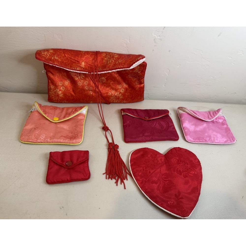 Vtg Chinese Silk Brocade Jewelry Pouch Lot Travel Roll Bag Envelope Heart Cases